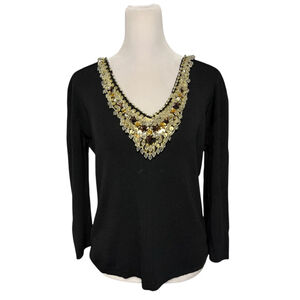 Joseph A. Black Vneck Beaded Embellished 3/4 Sleeve Top Blouse Size Large